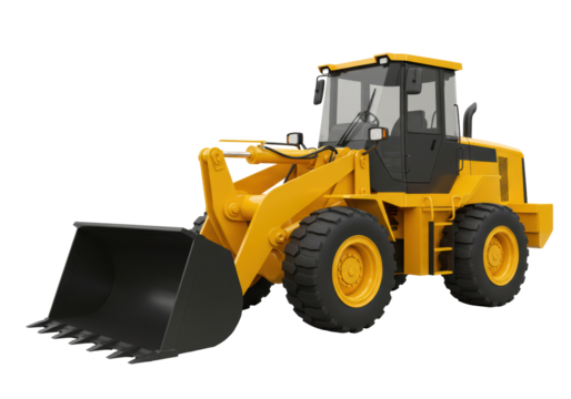 Isolated yellow wheel loader with articulated steering construction equipment, no background
