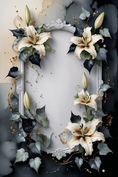 Romantic watercolor frame with baroque and vintage touches. Elegant lilies, ivy, and abstract flowers in gold, cream, and gray surround a soft empty center. Luxurious, detailed, wedding-ready design.