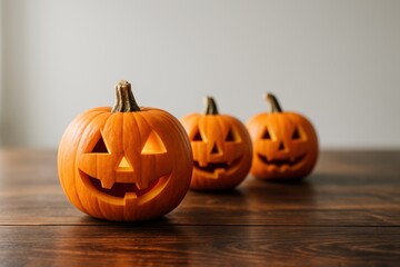three carved jack-o'-lantern pumpkins on dark wooden table celebrating halloween in warm ambiance