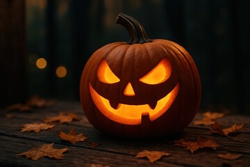 spooky glowing jack-o'-lantern with sinister grin on wooden table with autumn leaves at night
