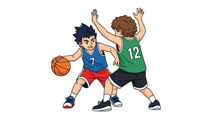 Basketball Players' Intense Match: Two young basketball players, one dribbling the ball with focused determination and the other attempting to block the shot.