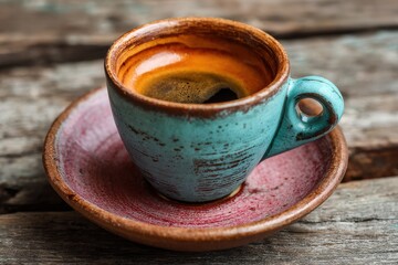 Close up of a single espresso in a ceramic mug on a wooden table
