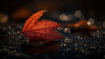 A beautiful autumn leaf covered in dewdrops