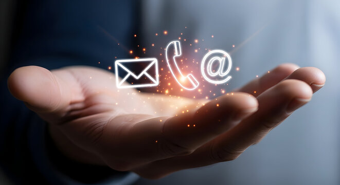 Hand presenting floating icons of email at-symbol and phone with envelope hologram, modern customer service and digital communication concept