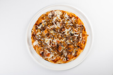 Delicious pizza topped with melted cheese, savory meat, and herbs, presented on a white plate, showcasing appetizing textures and colors, perfect for food lovers and culinary enthusiasts