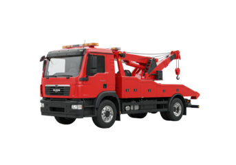 Isolated MAN recovery truck vehicle, red color, towing wrecker, heavy tow, car breakdown