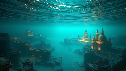 Fototapeta premium Submerged Atlantean cityscapes with ancient glowing migration paths beneath rippling water.