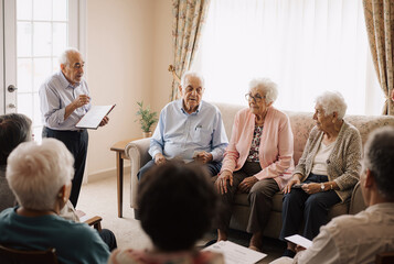senior group engaging in lively discussion during retirement home activity in cozy common room