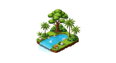 tranquil oasis isometric lush island paradise, waterfall, and serene river escape, isolated on transparent background