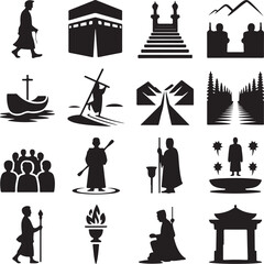 Religious pilgrimage and spiritual journey icons religion