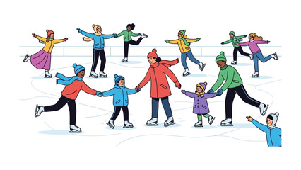Winter Rink Rhapsody: A vibrant illustration capturing a joyful gathering on an ice rink, illustrating people of all ages gliding across the frosty surface with skill and glee. 