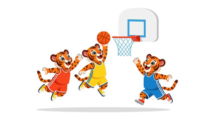 Tiger Basketball Game: Adorable tiger mascots in vibrant athletic attire engage in a thrilling basketball game, with one skillfully shooting the ball into the hoop.