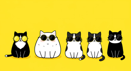Five adorable cartoon black and white cats wearing sunglasses sitting in a row against a bright yellow background