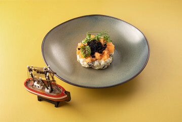 Gourmet dish featuring salmon, caviar, and fresh herbs elegantly presented on a modern plate with a decorative boat figurine beside it, showcasing culinary artistry and creativity