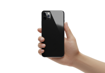 Isolated hand holding black smartphone, back side, showing cameras, new mobile phone device