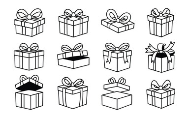 Collection of hand drawn gift boxes with ribbons and bows