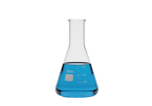 Isolated Erlenmeyer flask with blue liquid, lab glassware for scientific experiment