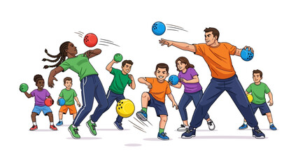 Dodgeball Game Illustration: A vibrant illustration captures a dynamic dodgeball game, with diverse children and one adult in action, showcasing energy and competition.