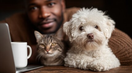 Fototapeta na wymiar Remote worker enjoying quality time with pets at home during a cozy afternoon
