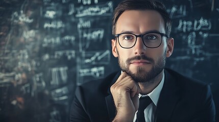 Pensive Businessman with Glasses Posing in Front of a Chalkboard.