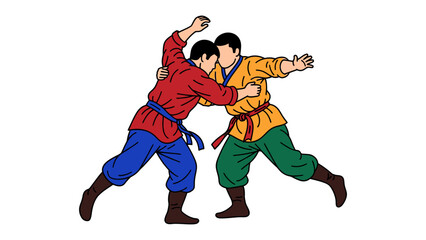 Dynamic Wrestlers in Action: A dynamic illustration showcases two wrestlers engaged in a competitive grappling match. Focused on the balance and strength.