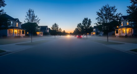 Obraz premium Suburban street at dusk with illuminated houses and trees.