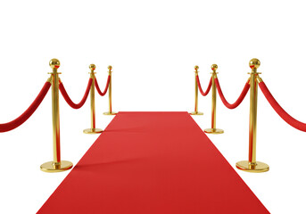Isolated red carpet between golden barriers, festive event entrance with gold posts