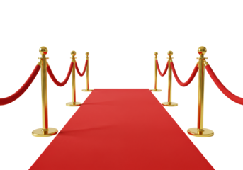 Isolated red carpet between golden barriers, festive event entrance with gold posts