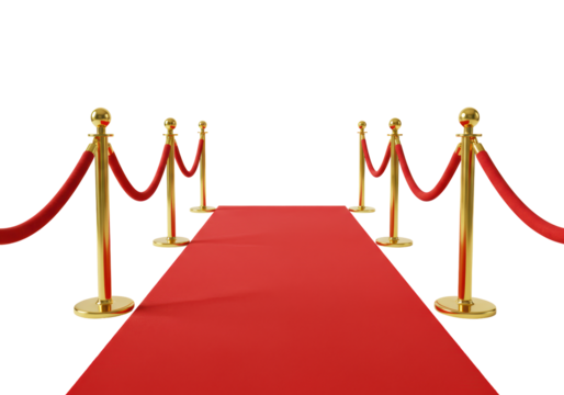 Isolated red carpet between golden barriers, festive event entrance with gold posts