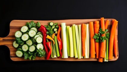 Fresh vegetable platter with carrots celery cucumbers and peppers on wood board