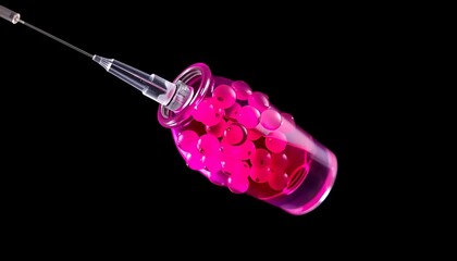 Pink liquid filled syringe with beads for medical research and development use