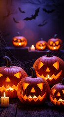 Spooky Halloween Pumpkins: Glowing Jack-o'-Lanterns with Bats & Webs – Vibrant Commercial-Friendly Seasonal Decor