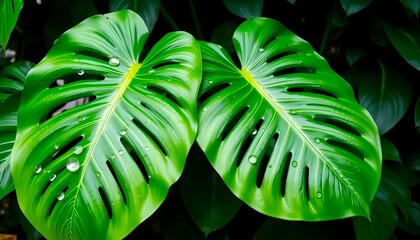 Monstera deliciosa leaves with water droplets close up tropical plant background