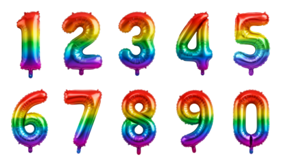 Bright rainbow balloons shaped as numbers from 0 to 9 isolated on white