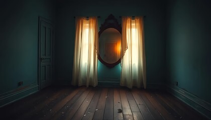 Empty room interior design with mirror and curtains for real estate concept