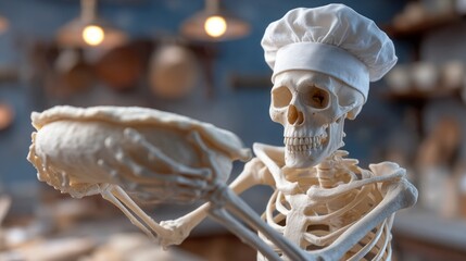Skeleton in chef uniform skillfully flipping a pie in a cozy kitchen setting