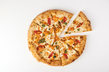 Delicious pizza topped with fresh tomatoes, herbs, and melted cheese, sliced and ready to serve, showcasing a mouthwatering culinary experience with vibrant colors