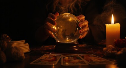 Hands gently hold a crystal ball surrounded by tarot cards and a flickering candle. The dimly lit atmosphere enhances the mysterious vibe of the fortune-telling ritual
