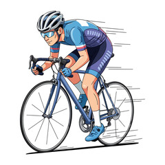 Obraz premium Cycling Competitor in Motion: A focused cyclist, geared in aerodynamic apparel and a helmet, powers through the open road, exuding speed and determination.
