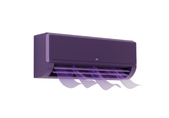 Isolated indoor wall mounted cooling unit in deep purple, modern AC air conditioner appliance