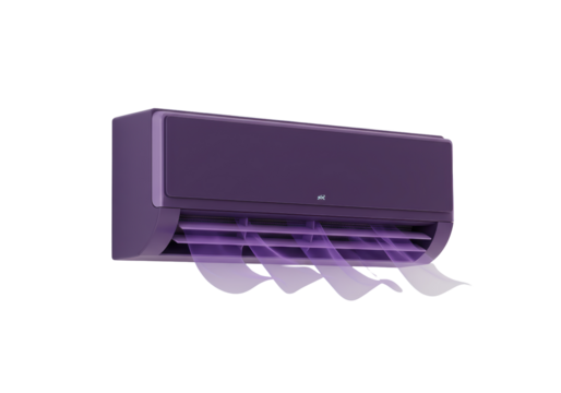 Isolated indoor wall mounted cooling unit in deep purple, modern AC air conditioner appliance