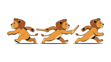 Lion Cub Relay: An energetic lion cub sprints across a vibrant backdrop, gracefully passing the baton, symbolizing teamwork, speed, and youthful vigor.