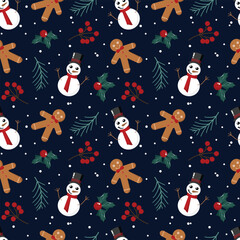 Seamless pattern of snowmen, gingerbread men, holly leaves, red berries and pine needles on a Christmas theme. Navy blue background with white snow for decoration, wrapping paper, textiles,merchandise