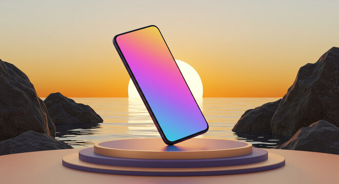 Stunning smartphone showcase against vibrant sunset ocean backdrop on elegant display podium