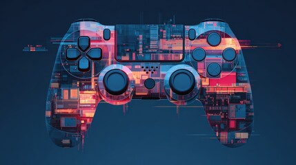 Dynamic graphic vector of futuristic game controller with neon light glow, pixel shapes, and glitch typography, perfect for esports branding, digital merchandise, and modern gaming fashion content.