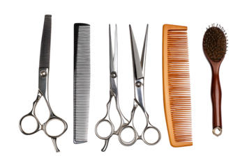 Professional Hairdressing Tools Set: Scissors, Combs, and Brush isolated on a transparent background