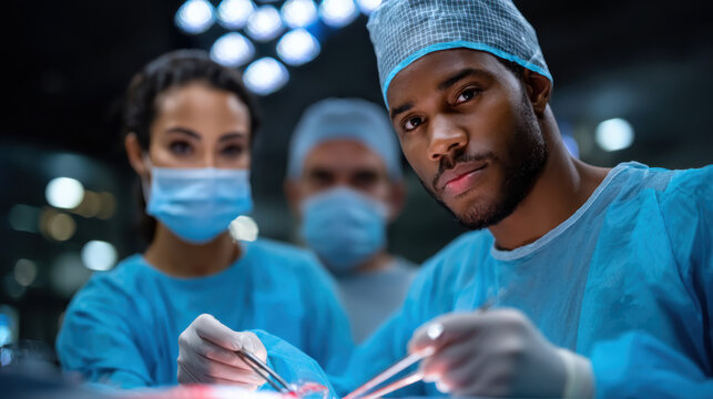A focused surgeon prepares for surgery, showing determination and care, while another team member is blurred in the background, creating a dramatic effect in the operating room.