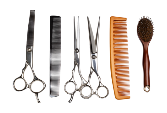 Professional Hairdressing Tools Set: Scissors, Combs, and Brush isolated on a transparent background