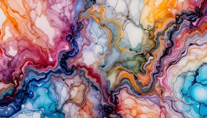 Translucent alcohol ink abstract background with multicolored marble fluid art texture