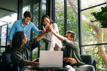 Business teamwork results are motivated by business success victory loyalty unity concept